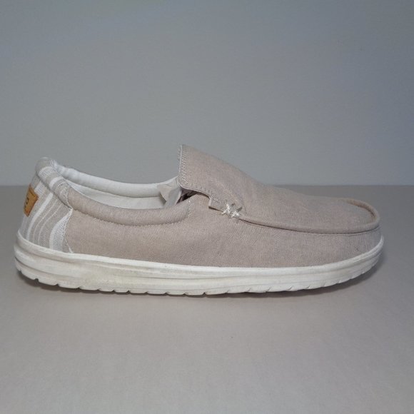 Hey Dude Size 13 M MIKKA Chambray Beige Cotton Slip On Loafers New Men's Shoes - Picture 2 of 14